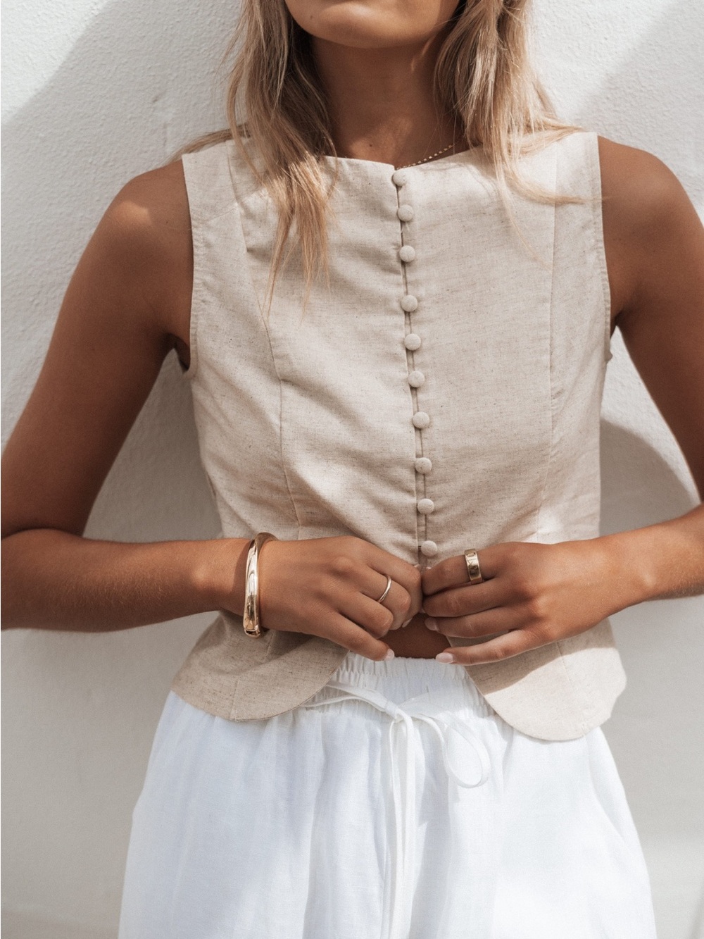 VRG GRL Cream Linen Button Front Crop Top